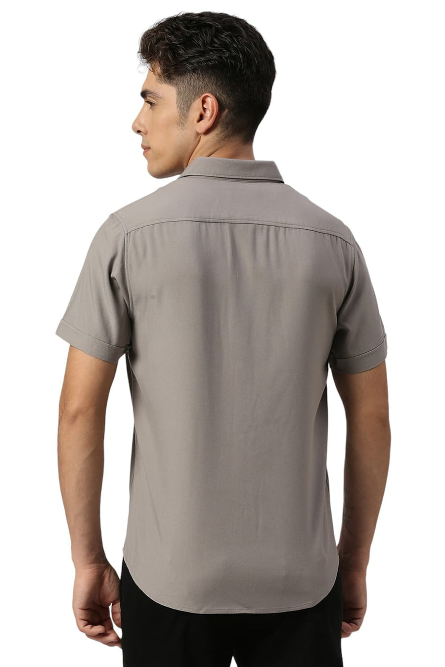 BASICS SLIM FIT GREY ELEPHANT VISCOSE POLYESTER STRETCH TWILL HALFSLEEVES SHIRT
