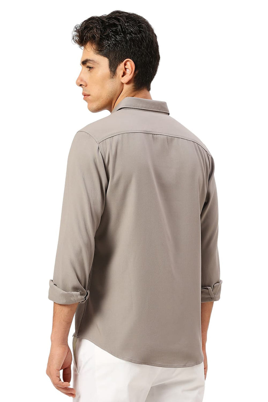 BASICS SLIM FIT GREY ELEPHANT VISCOSE POLYESTER STRETCH TWILL SHIRT