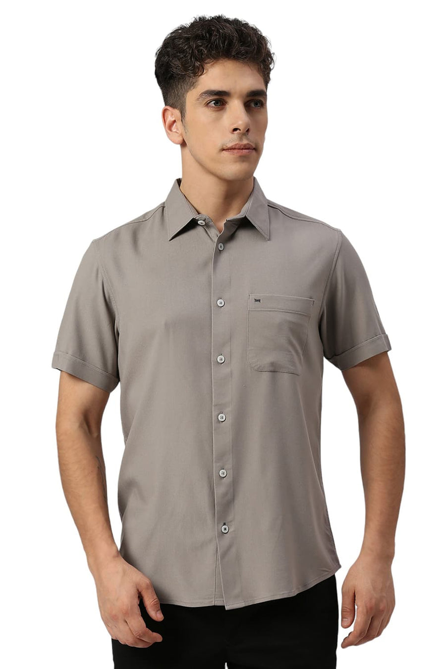 BASICS SLIM FIT GREY ELEPHANT VISCOSE POLYESTER STRETCH TWILL HALFSLEEVES SHIRT