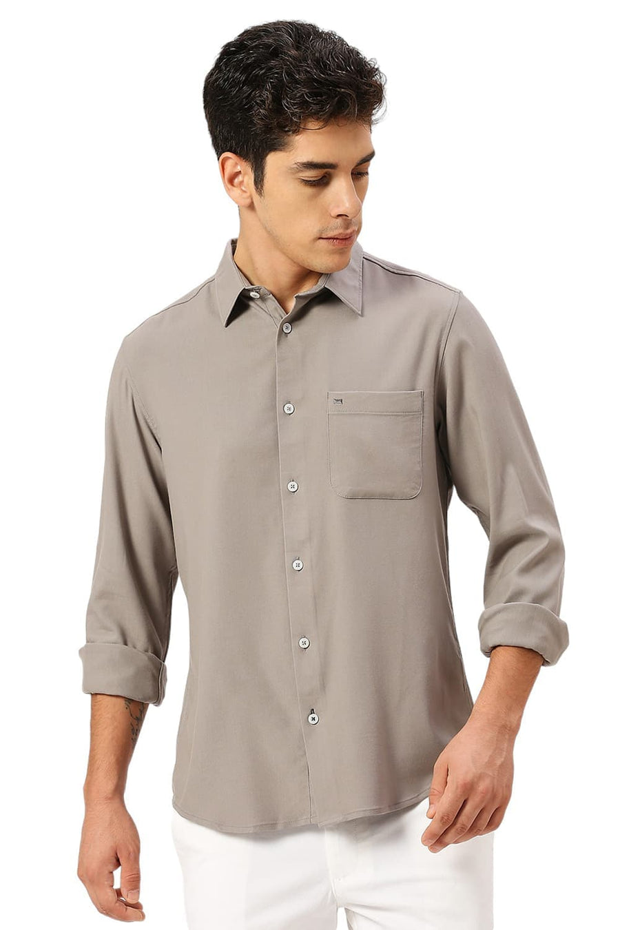 BASICS SLIM FIT GREY ELEPHANT VISCOSE POLYESTER STRETCH TWILL SHIRT
