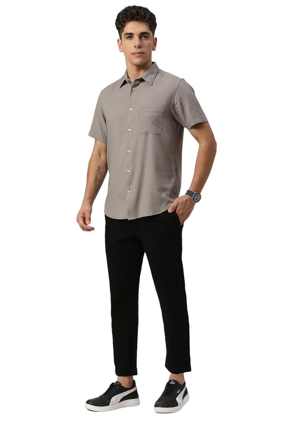 BASICS SLIM FIT GREY ELEPHANT VISCOSE POLYESTER STRETCH TWILL HALFSLEEVES SHIRT