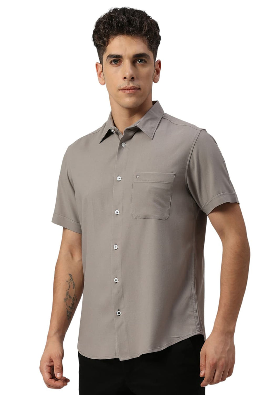 BASICS SLIM FIT GREY ELEPHANT VISCOSE POLYESTER STRETCH TWILL HALFSLEEVES SHIRT