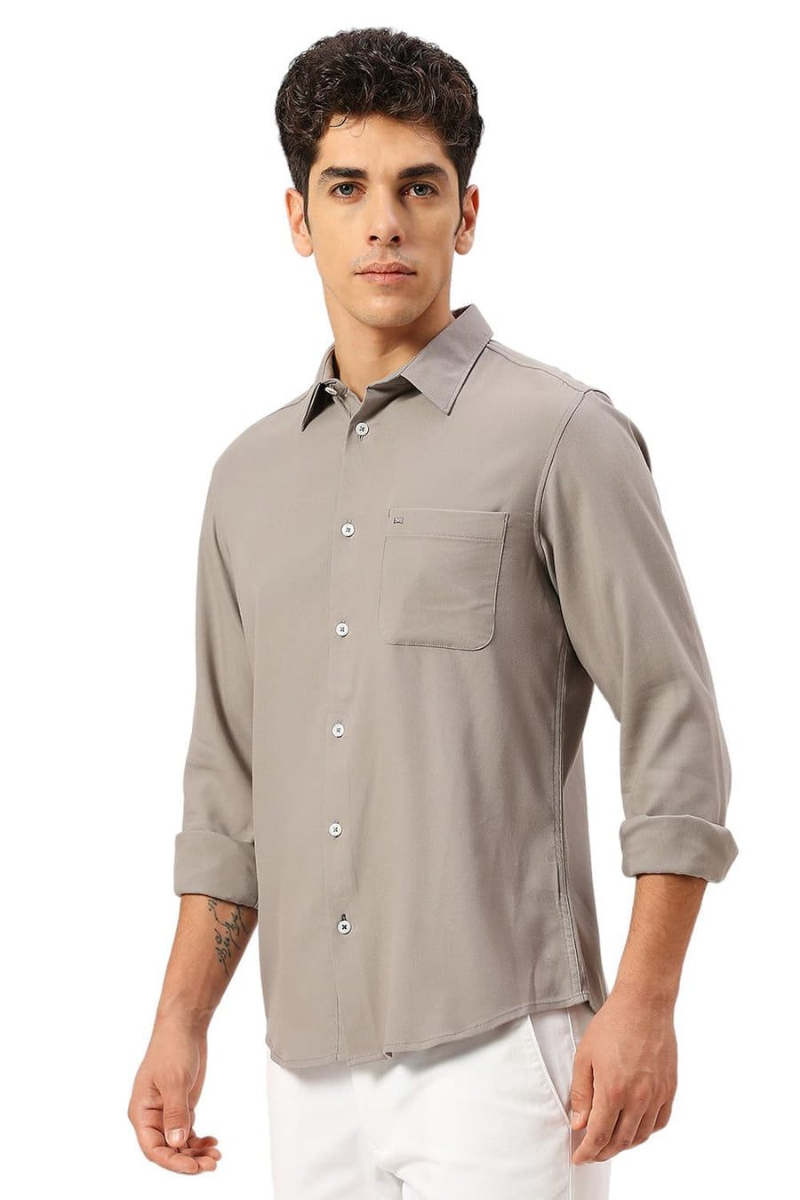 BASICS SLIM FIT GREY ELEPHANT VISCOSE POLYESTER STRETCH TWILL SHIRT