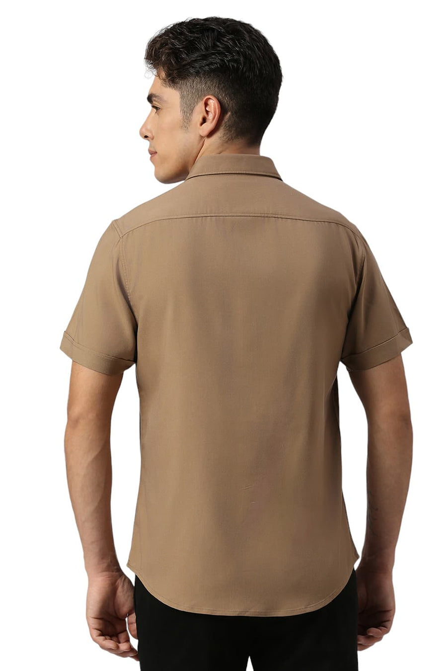 BASICS SLIM FIT KHAKI TAN VISCOSE POLYESTER STRETCH TWILL HALFSLEEVES SHIRT