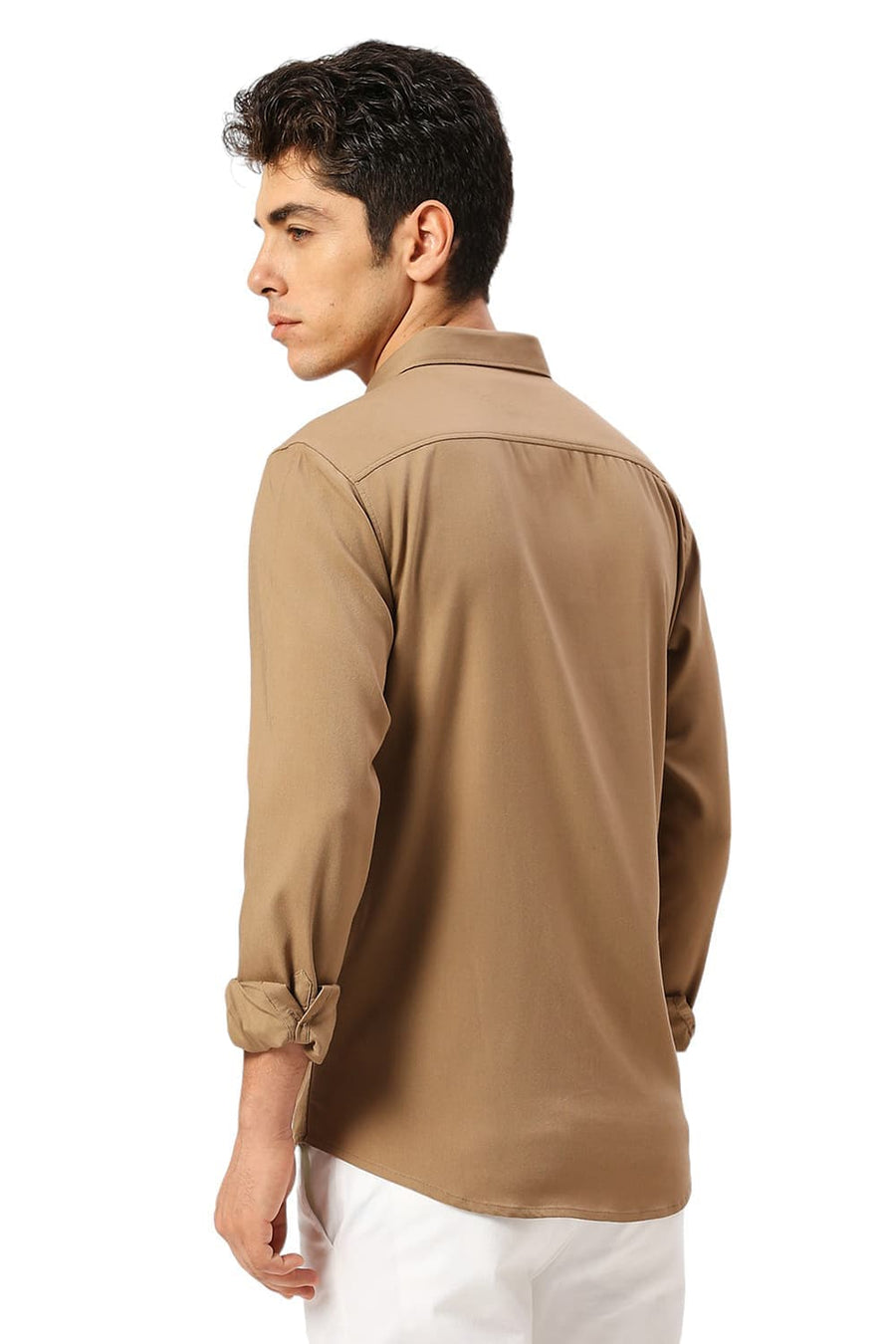 BASICS SLIM FIT KHAKI TAN VISCOSE POLYESTER STRETCH TWILL SHIRT