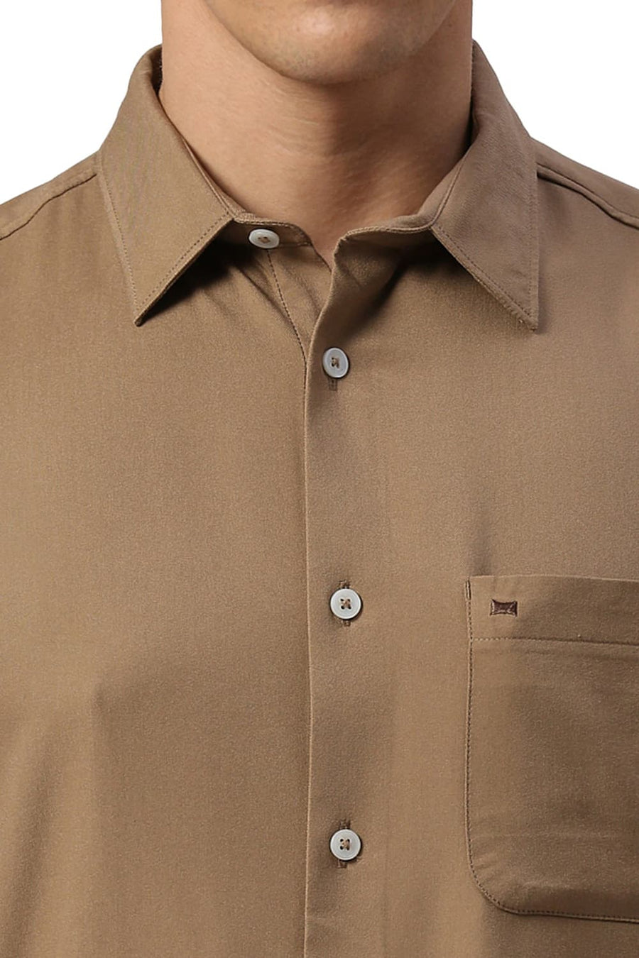 BASICS SLIM FIT KHAKI TAN VISCOSE POLYESTER STRETCH TWILL HALFSLEEVES SHIRT