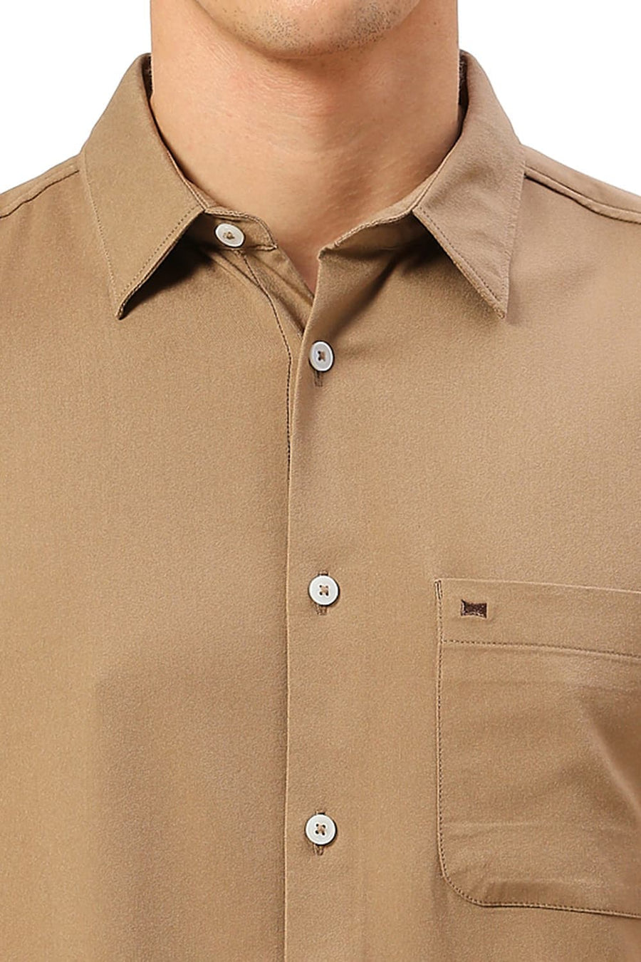 BASICS SLIM FIT KHAKI TAN VISCOSE POLYESTER STRETCH TWILL SHIRT