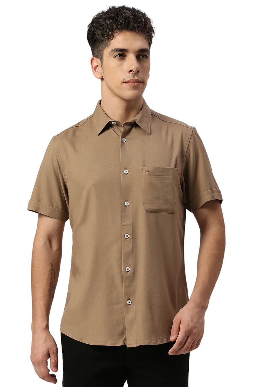 BASICS SLIM FIT KHAKI TAN VISCOSE POLYESTER STRETCH TWILL HALFSLEEVES SHIRT