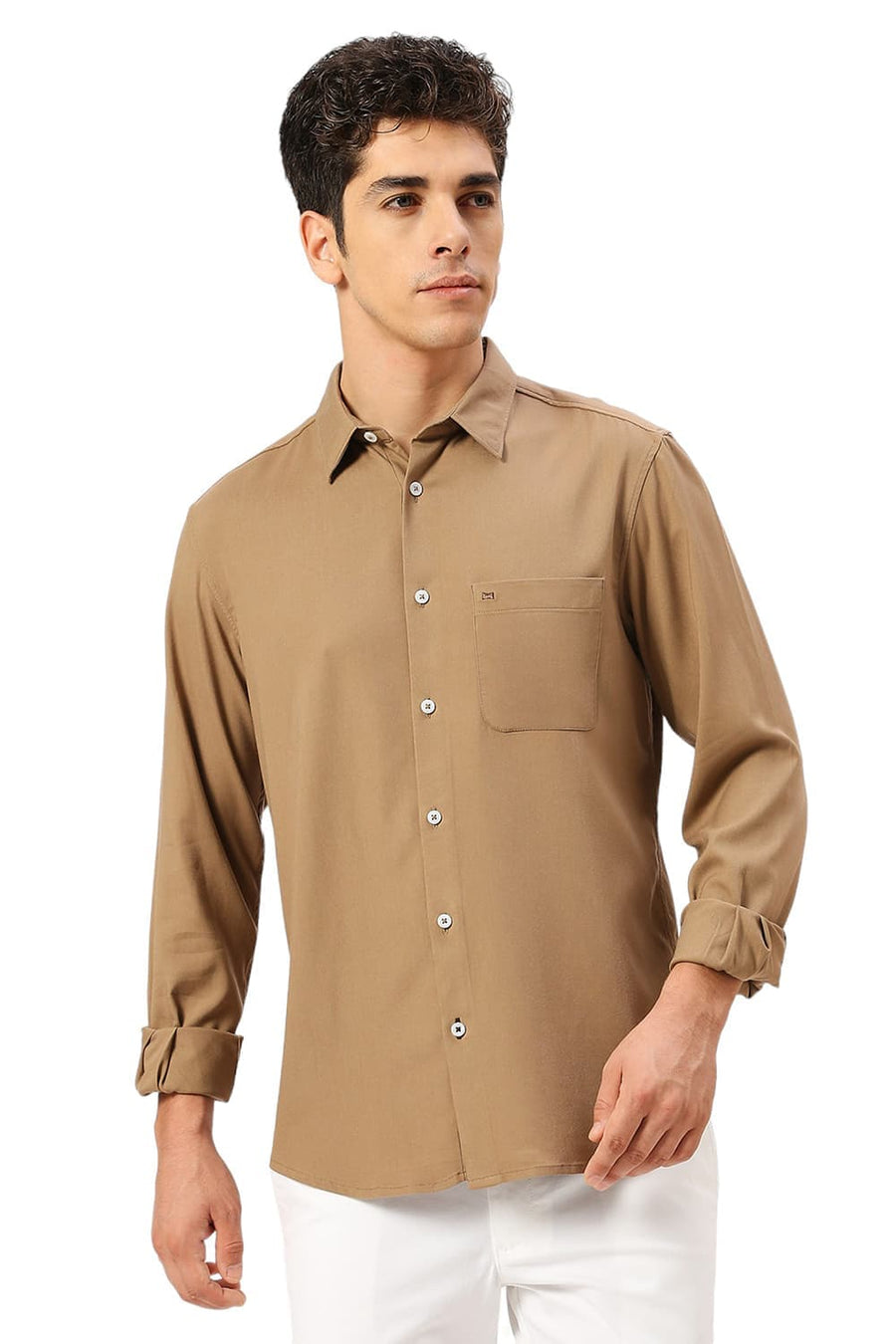 BASICS SLIM FIT KHAKI TAN VISCOSE POLYESTER STRETCH TWILL SHIRT