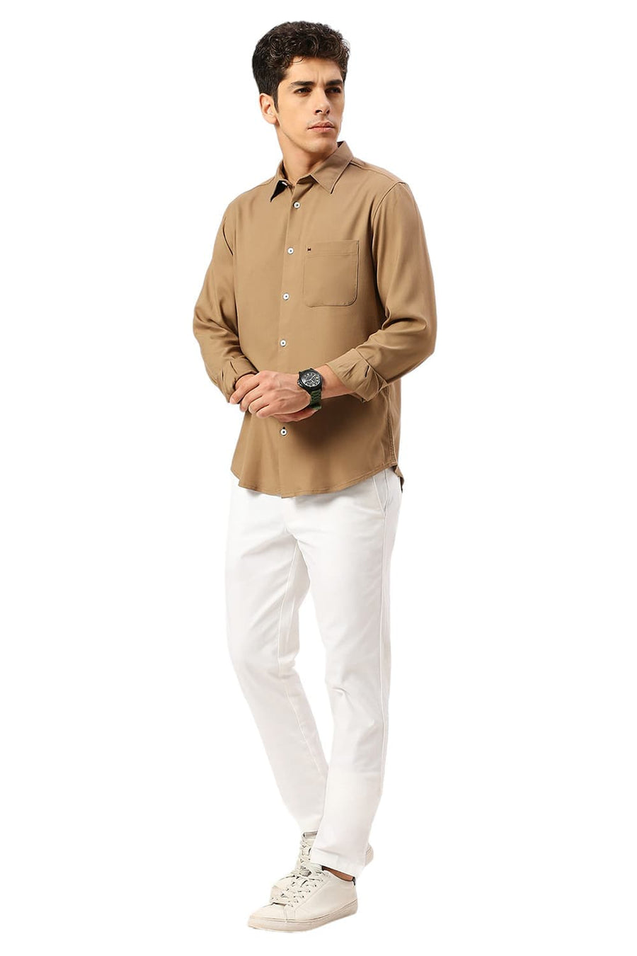 BASICS SLIM FIT KHAKI TAN VISCOSE POLYESTER STRETCH TWILL SHIRT
