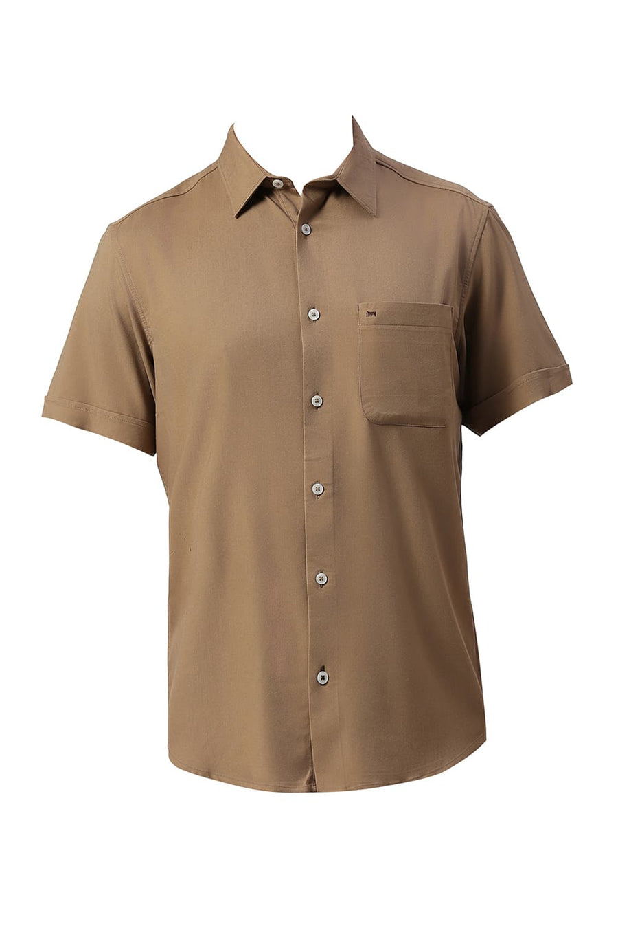 BASICS SLIM FIT KHAKI TAN VISCOSE POLYESTER STRETCH TWILL HALFSLEEVES SHIRT