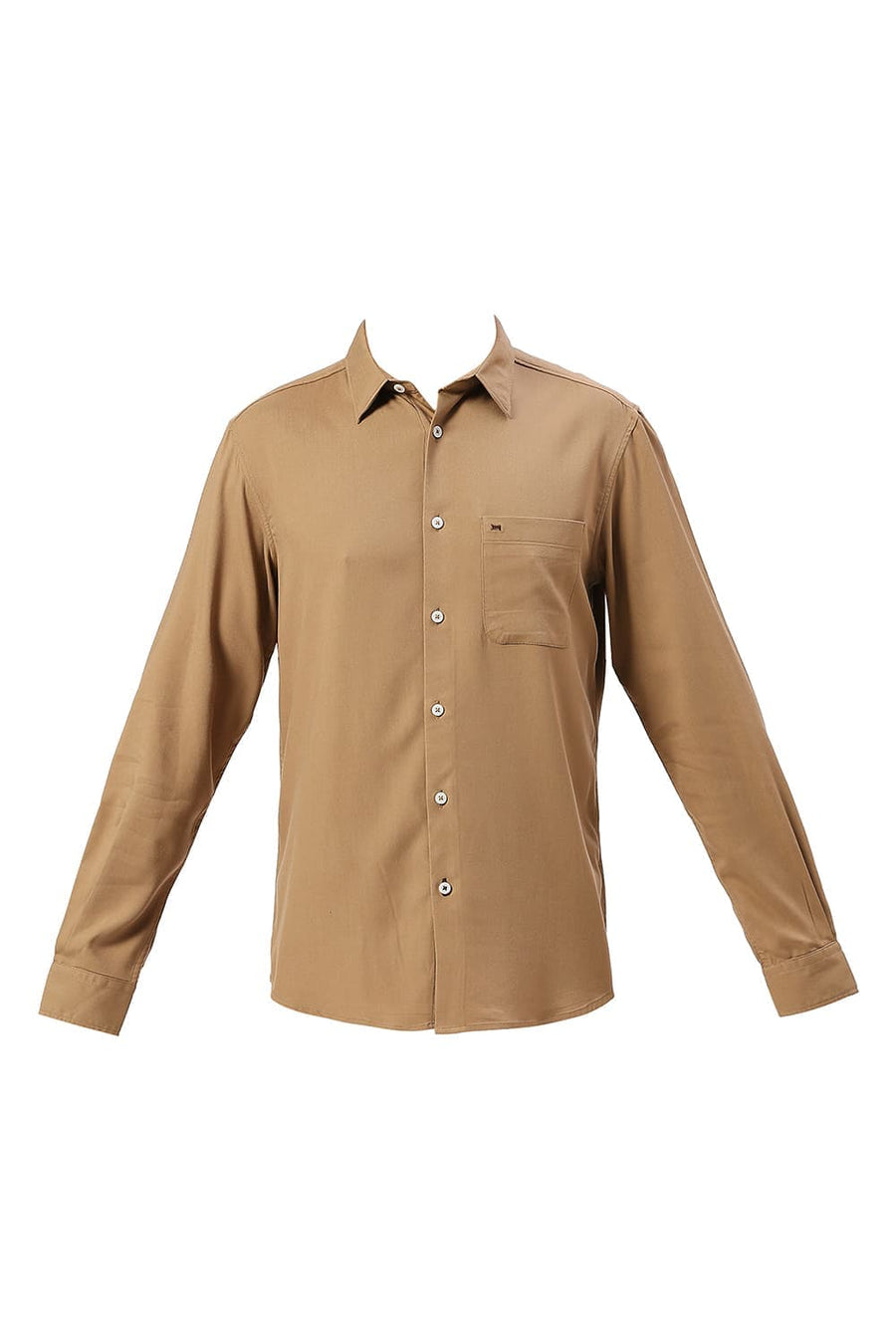 BASICS SLIM FIT KHAKI TAN VISCOSE POLYESTER STRETCH TWILL SHIRT