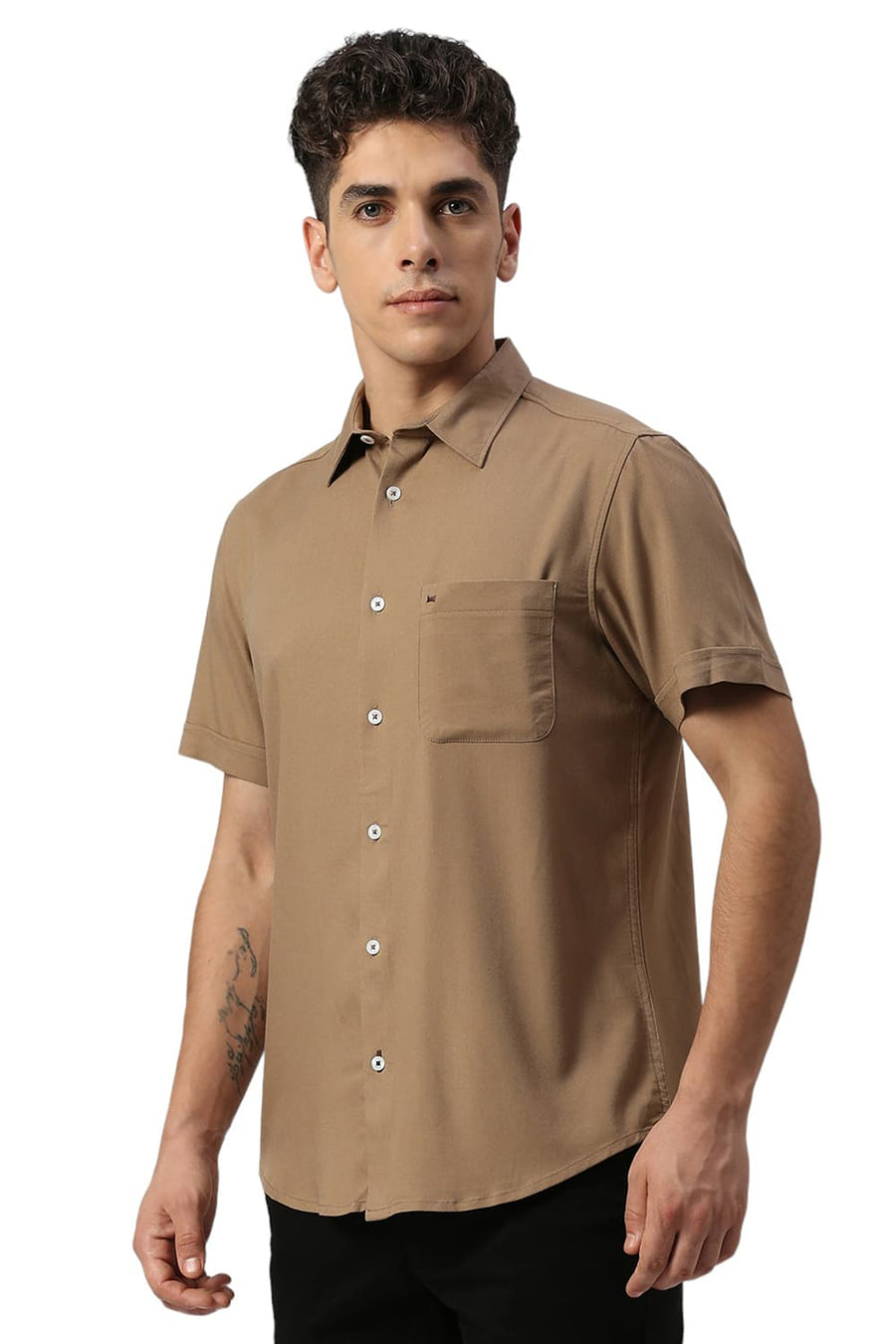 BASICS SLIM FIT KHAKI TAN VISCOSE POLYESTER STRETCH TWILL HALFSLEEVES SHIRT