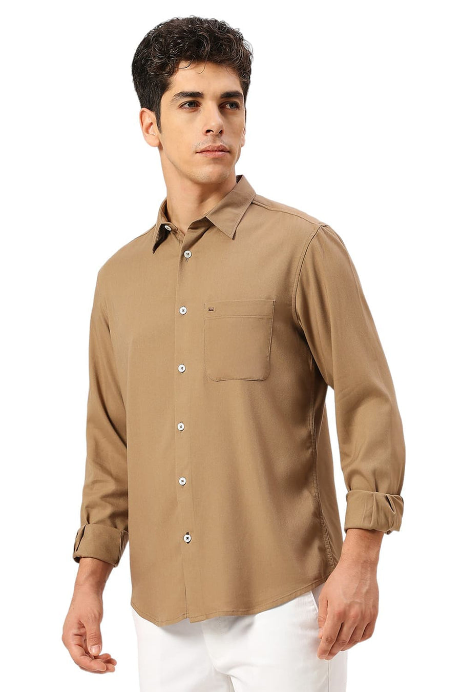 BASICS SLIM FIT KHAKI TAN VISCOSE POLYESTER STRETCH TWILL SHIRT