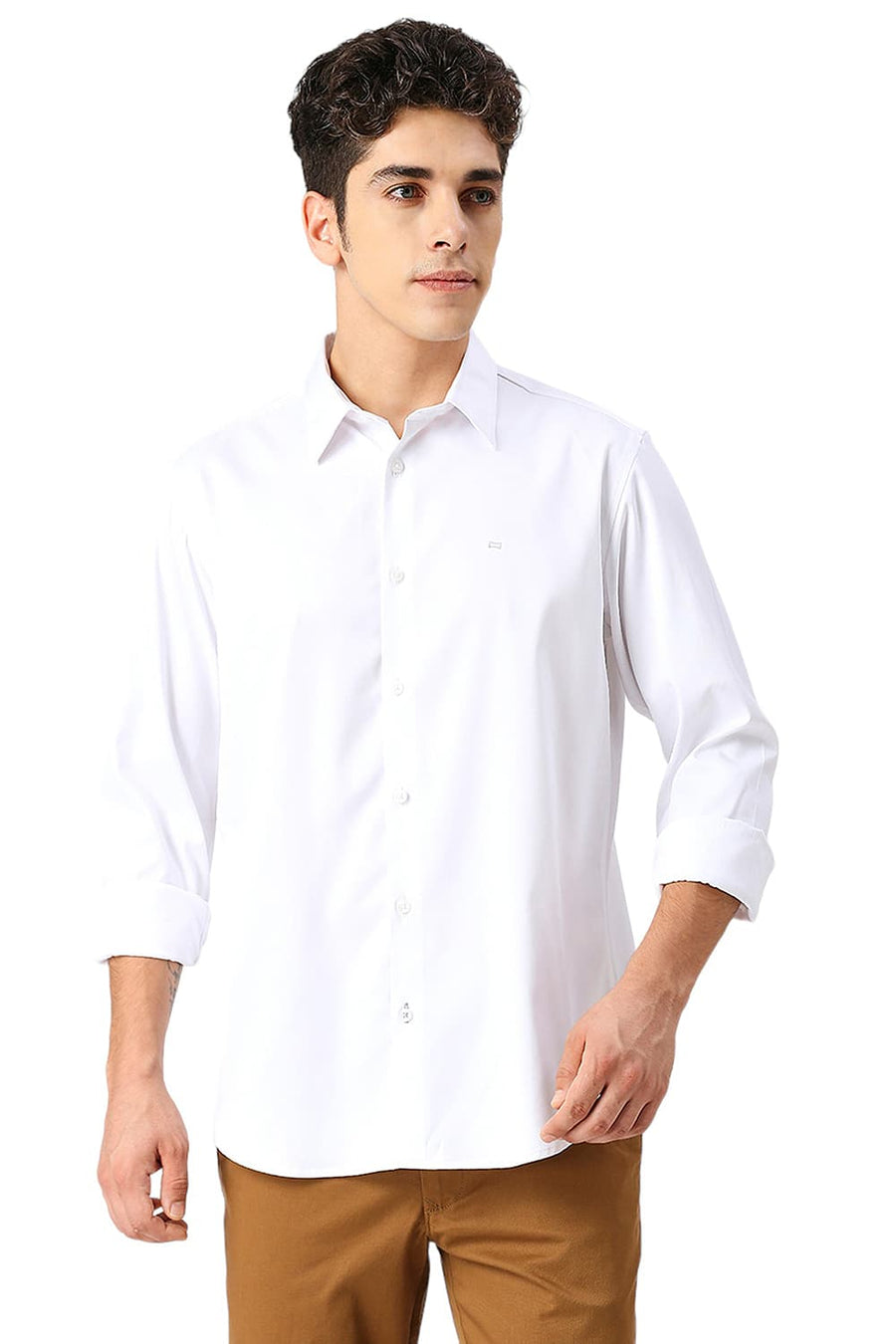 BASICS SLIM FIT BRILLIANT WHITE POLYESTER STRETCH SHIRT