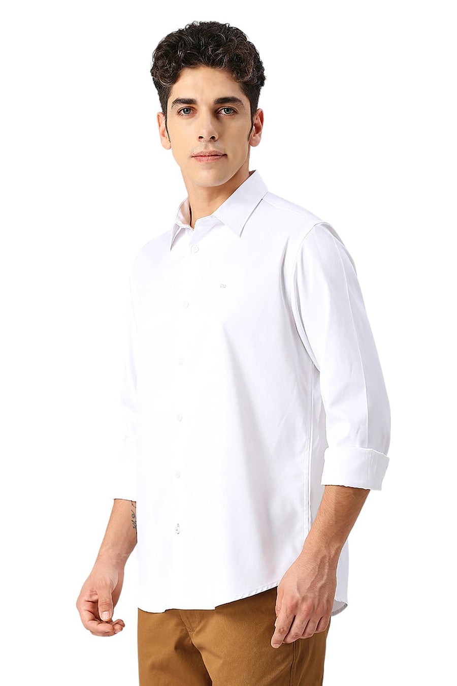 BASICS SLIM FIT BRILLIANT WHITE POLYESTER STRETCH SHIRT