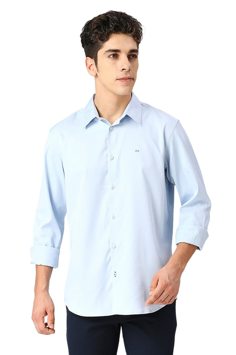 BASICS SLIM FIT BALLAD BLUE POLYESTER STRETCH SHIRT