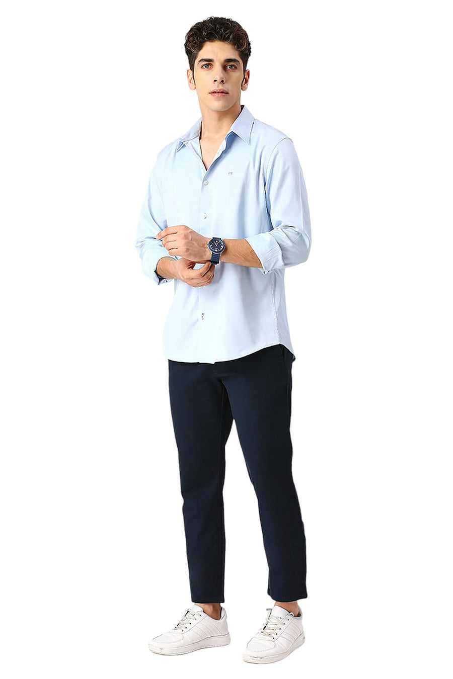 BASICS SLIM FIT BALLAD BLUE POLYESTER STRETCH SHIRT