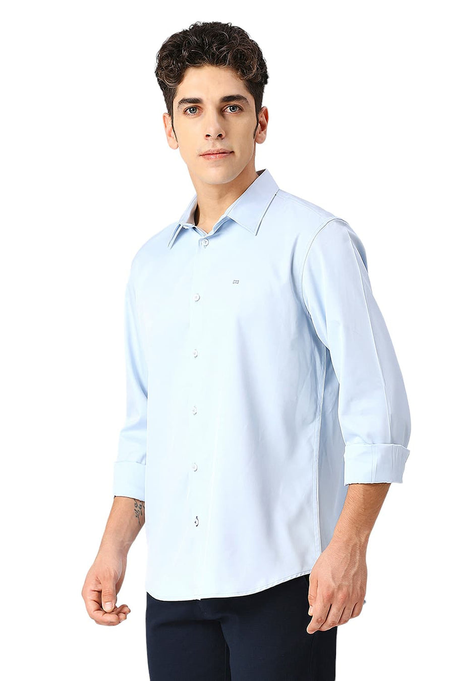 BASICS SLIM FIT BALLAD BLUE POLYESTER STRETCH SHIRT