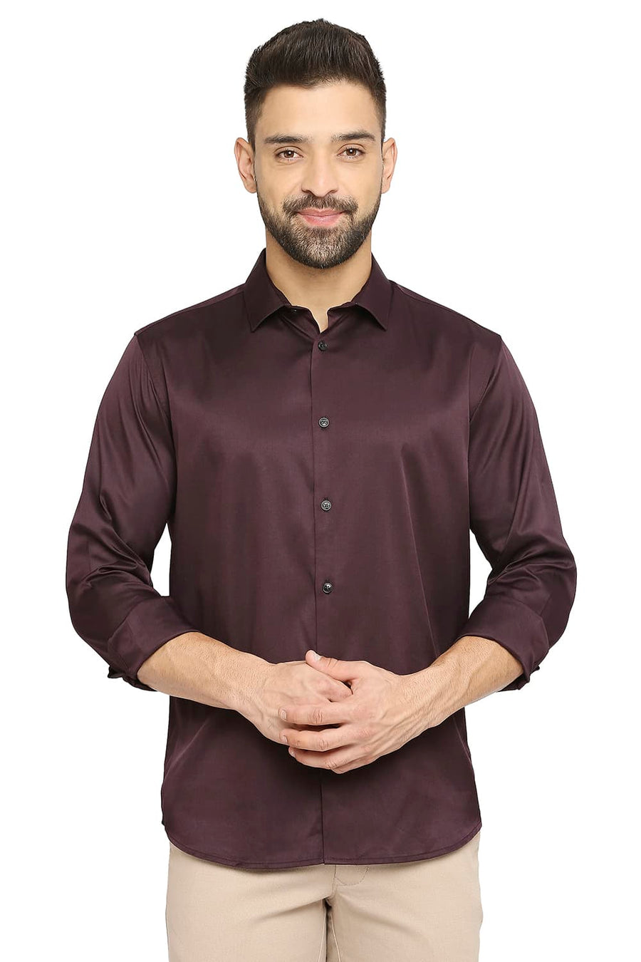 BASICS SLIM FIT PURPLE PENNANT POLYESTER STRETCH SHIRT