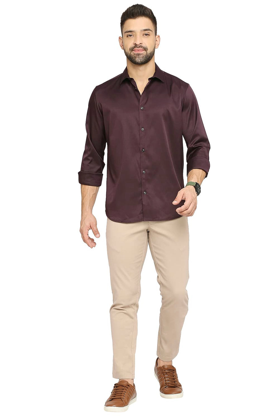 BASICS SLIM FIT PURPLE PENNANT POLYESTER STRETCH SHIRT