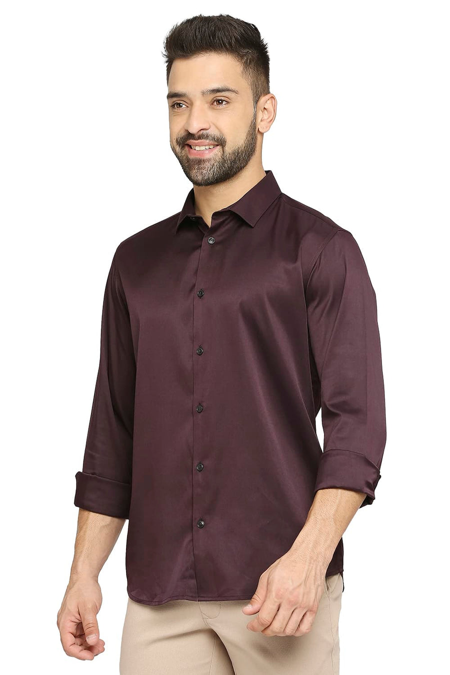 BASICS SLIM FIT PURPLE PENNANT POLYESTER STRETCH SHIRT