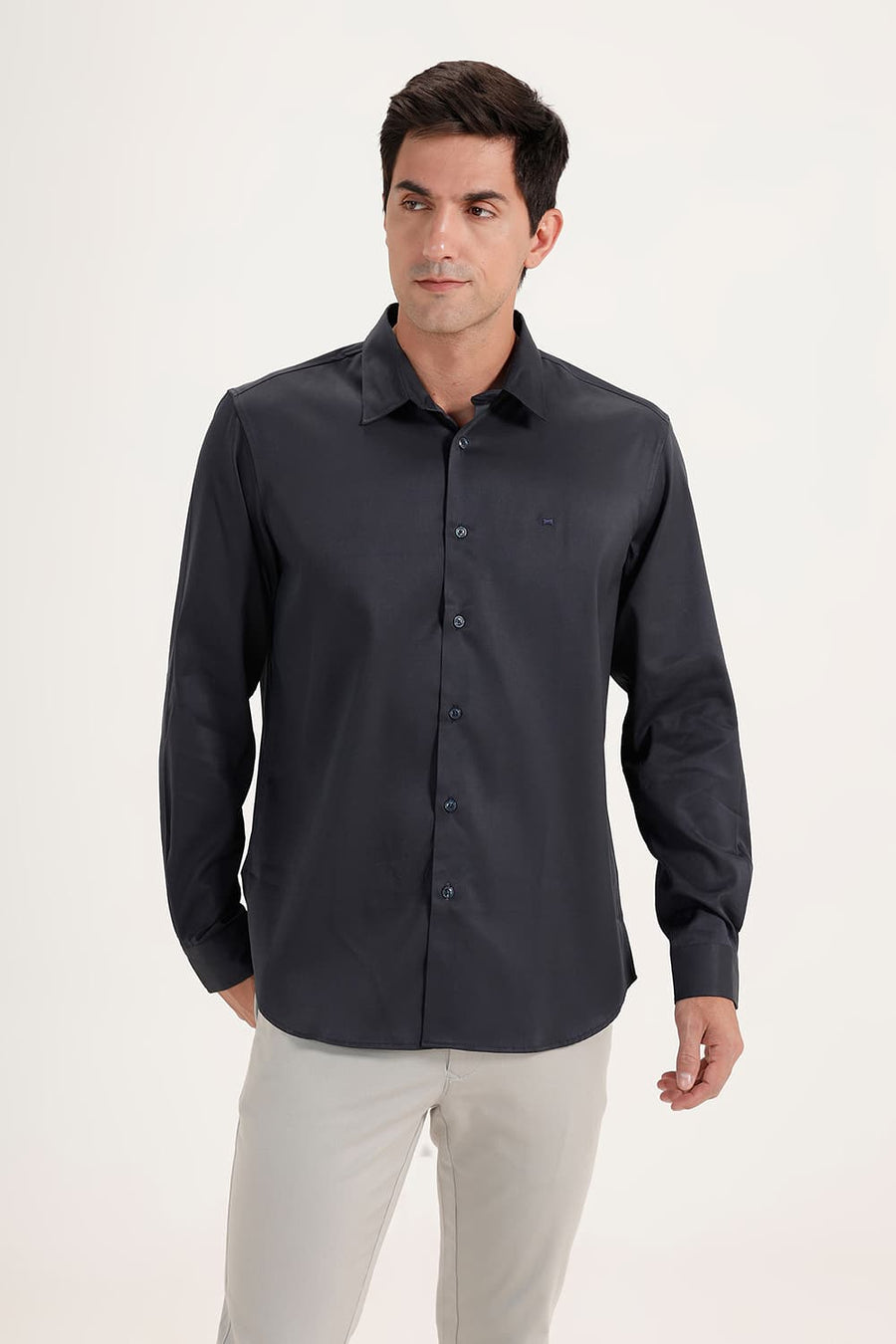 BASICS SLIM FIT NIGHT NAVY POLYESTER STRETCH SHIRT