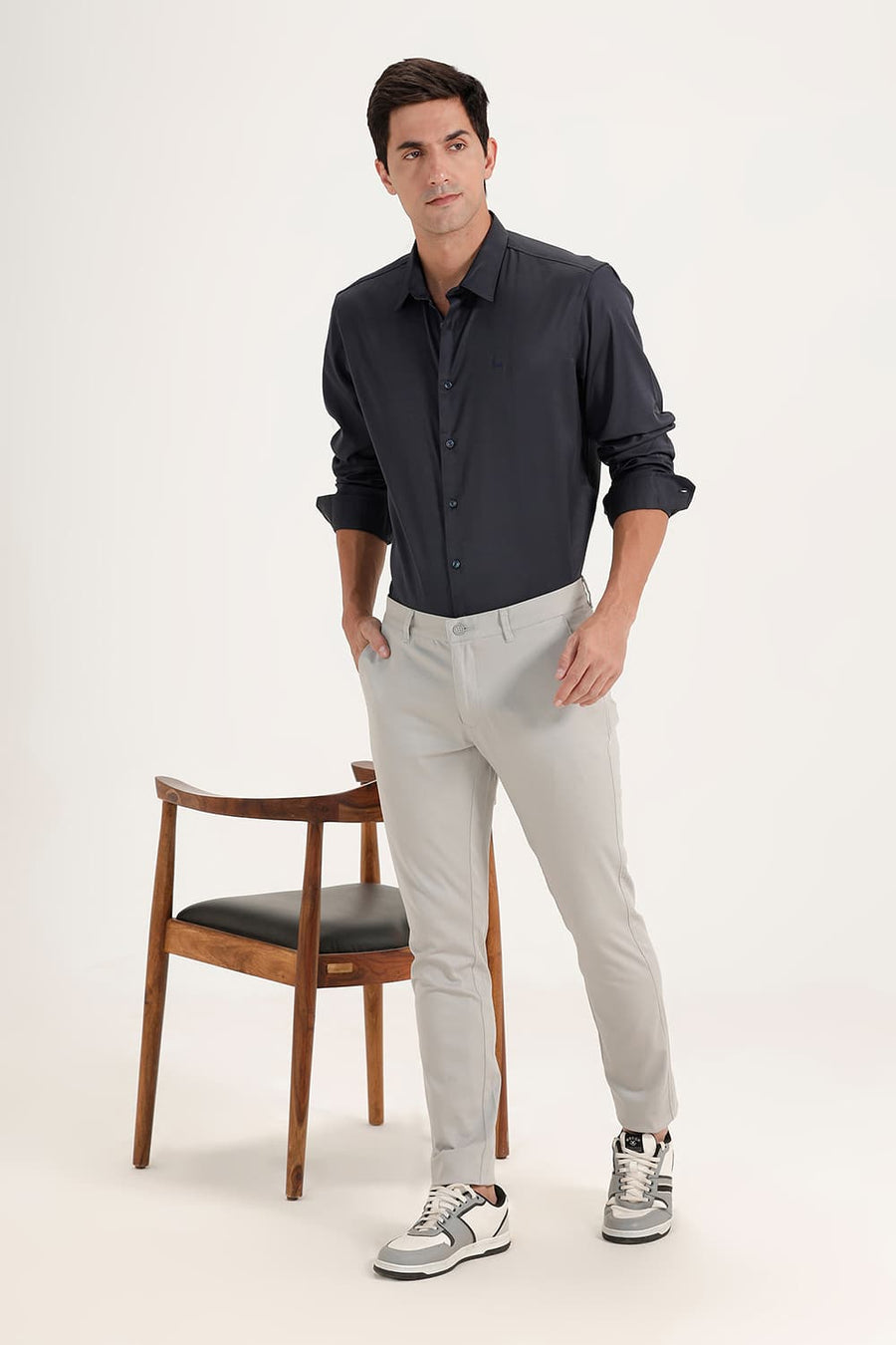 BASICS SLIM FIT NIGHT NAVY POLYESTER STRETCH SHIRT