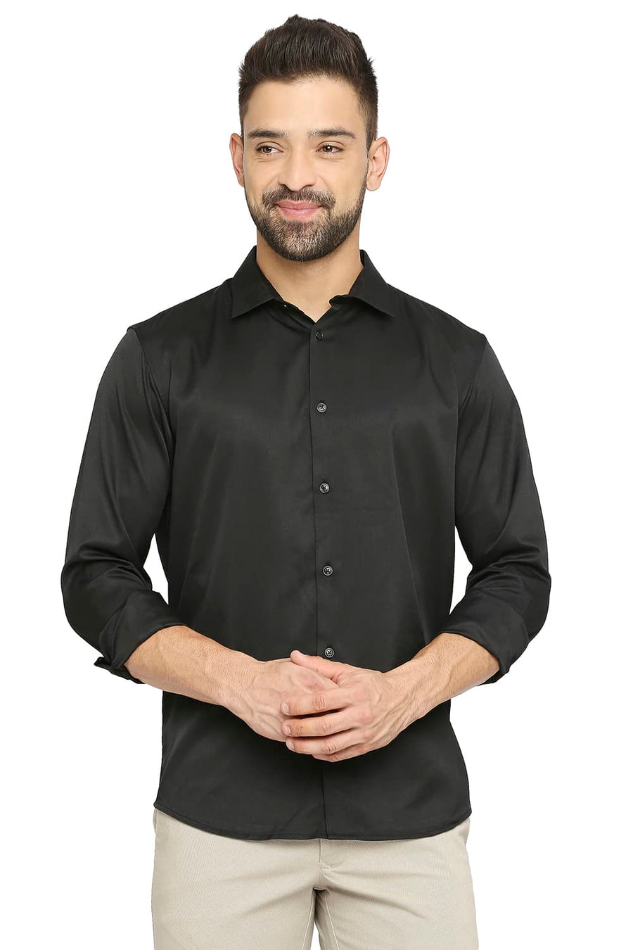 BASICS SLIM FIT ANTHRACITE BLACK POLYESTER STRETCH SHIRT
