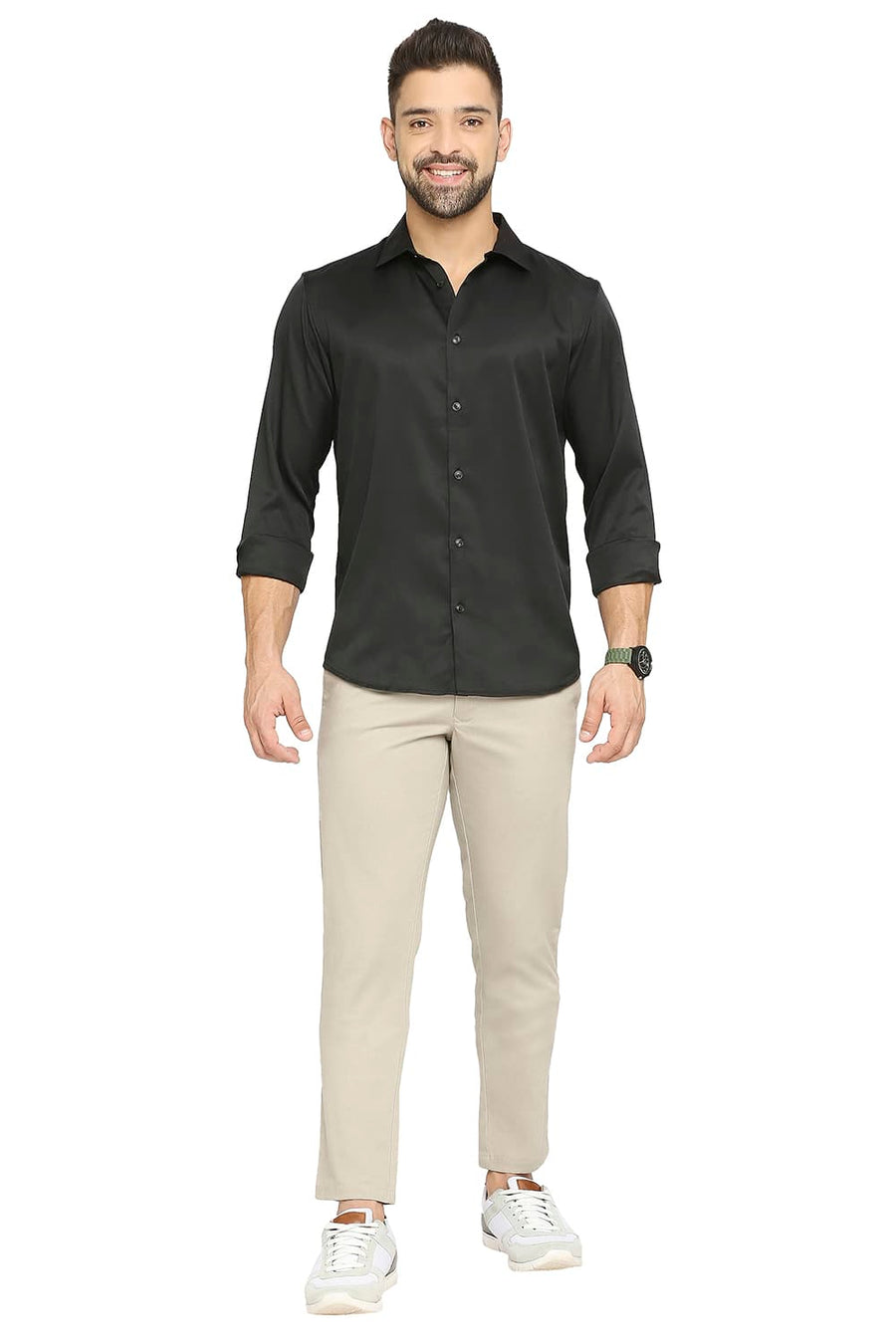 BASICS SLIM FIT ANTHRACITE BLACK POLYESTER STRETCH SHIRT
