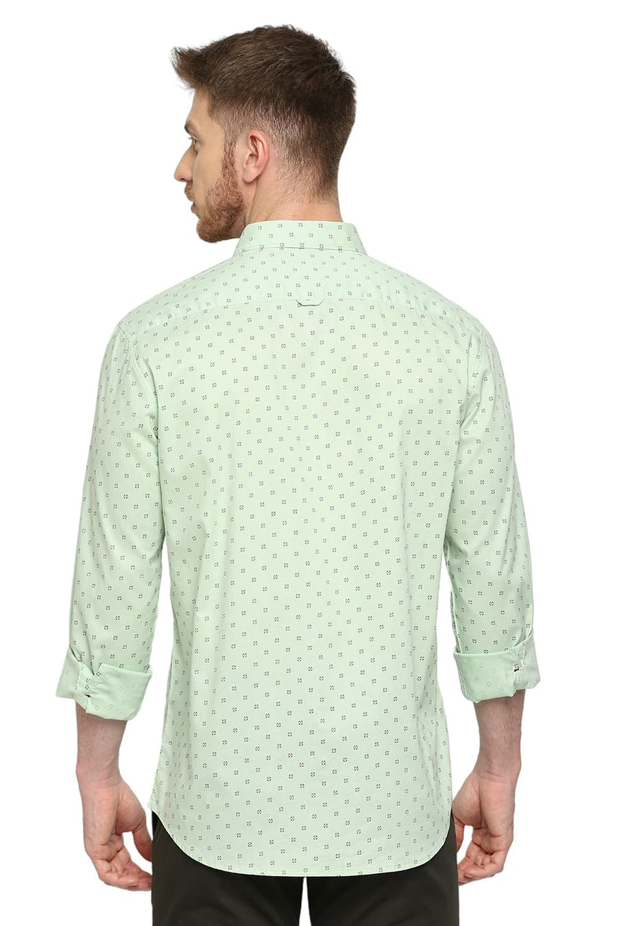 BASICS SLIM FIT LETTUCE GREEN COTTON OXFORD PRINTED SHIRT