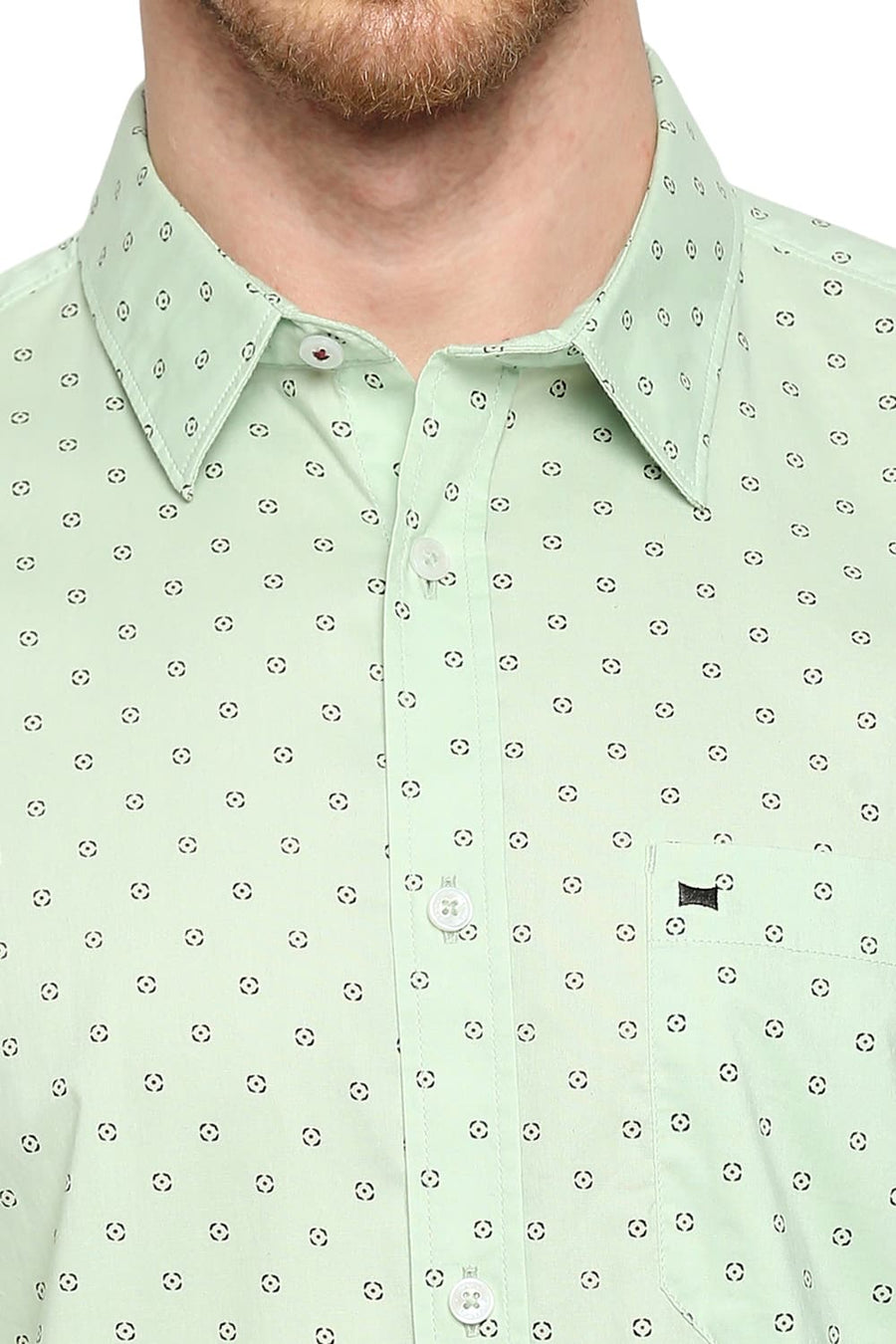 BASICS SLIM FIT LETTUCE GREEN COTTON OXFORD PRINTED SHIRT