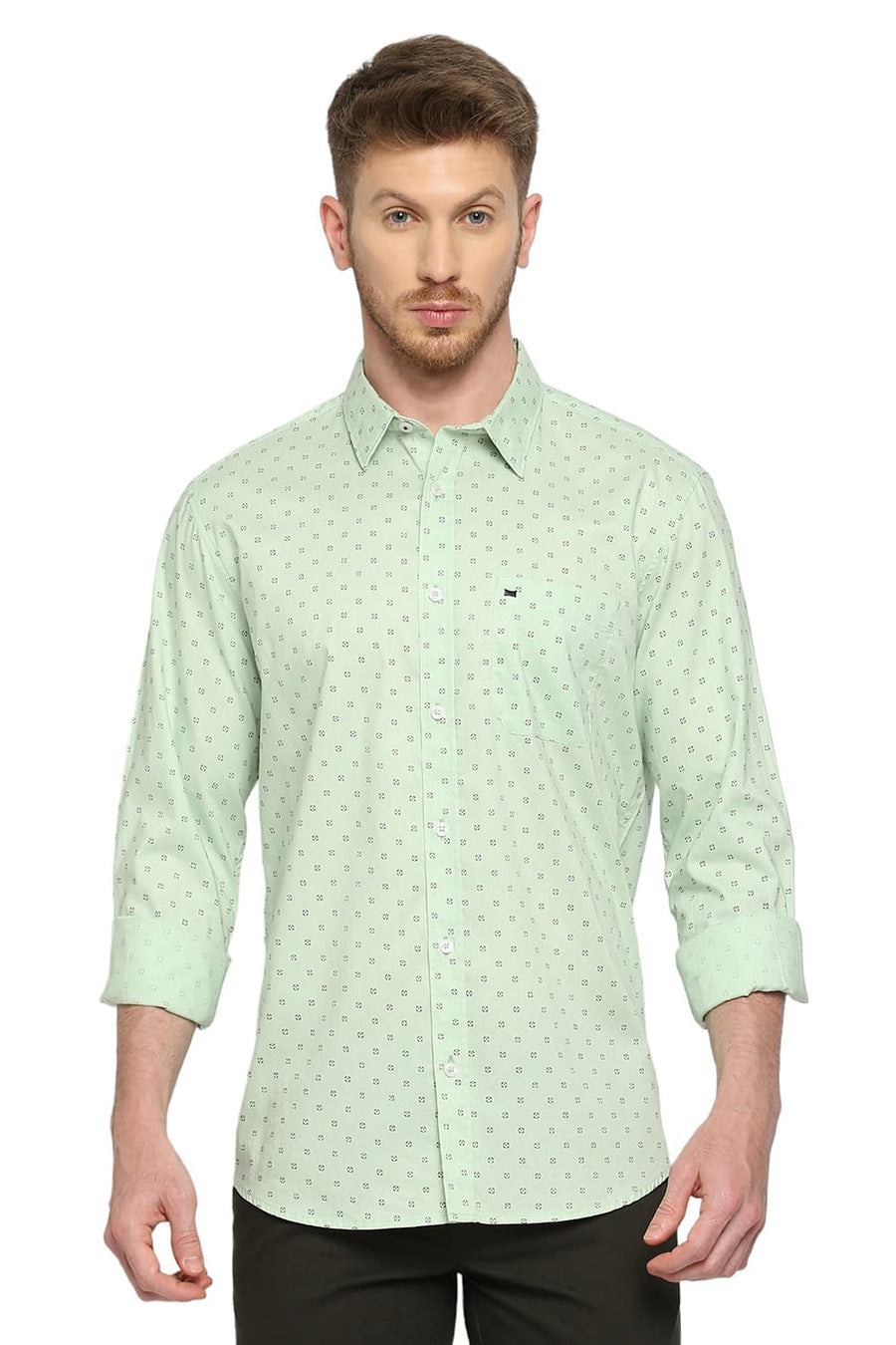 BASICS SLIM FIT LETTUCE GREEN COTTON OXFORD PRINTED SHIRT