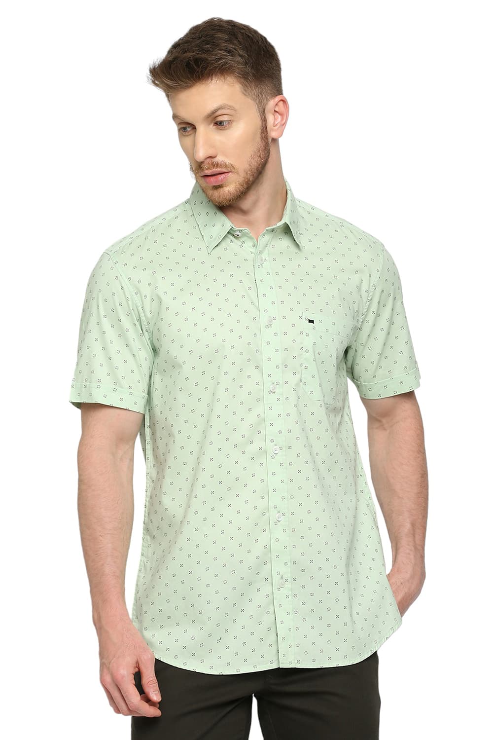 BASICS SLIM FIT COTTON OXFORD PRINTED SHIRT