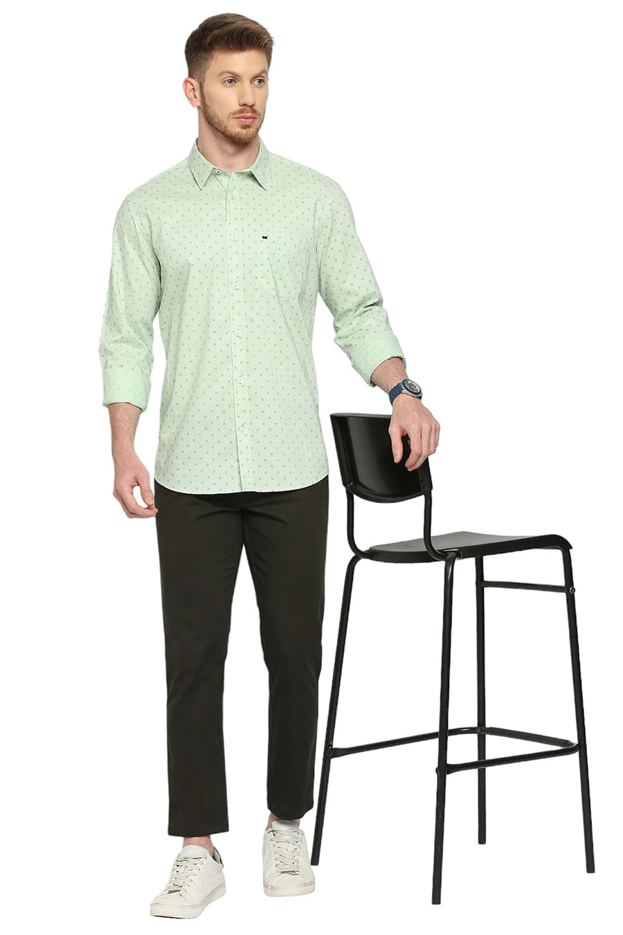 BASICS SLIM FIT LETTUCE GREEN COTTON OXFORD PRINTED SHIRT