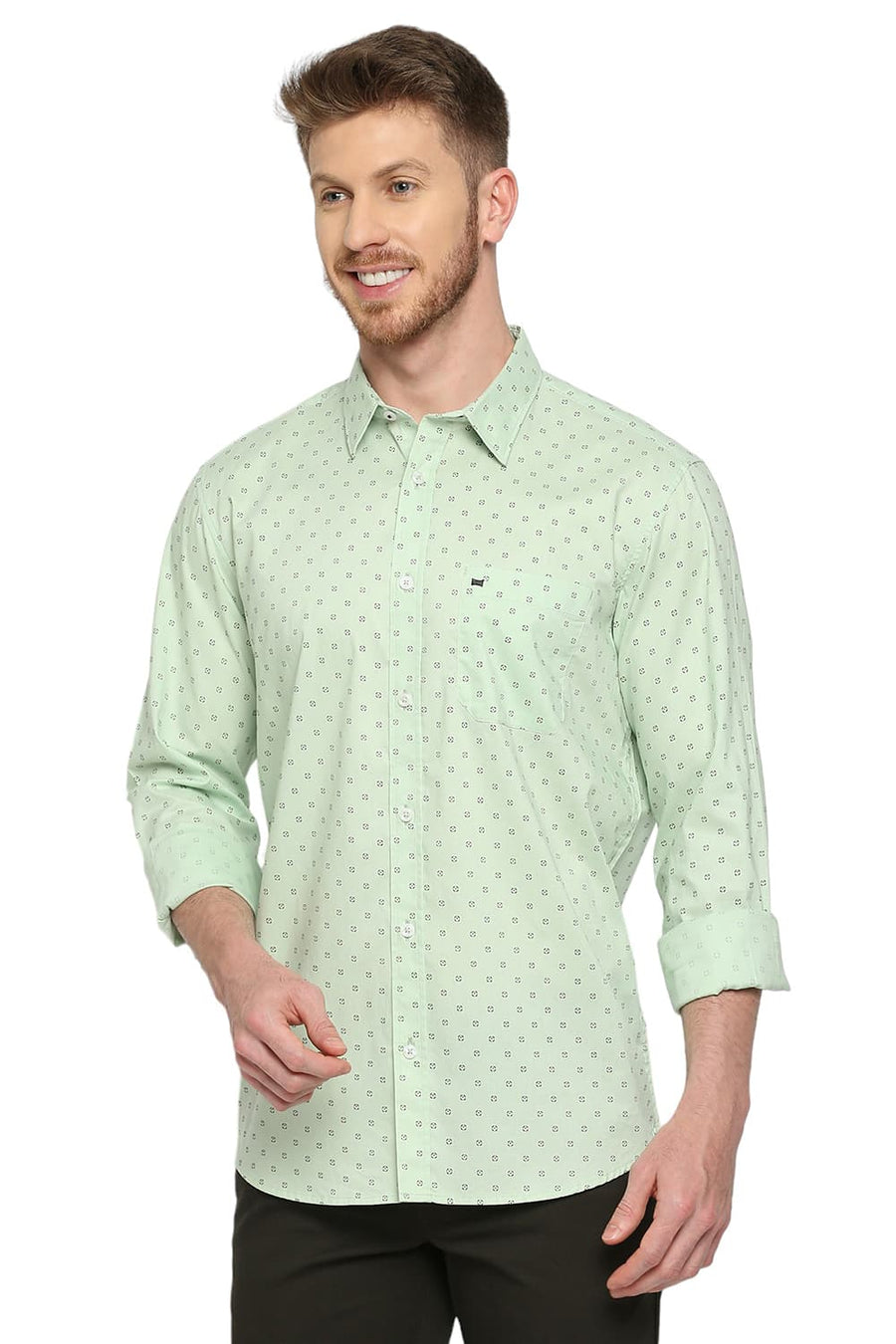 BASICS SLIM FIT LETTUCE GREEN COTTON OXFORD PRINTED SHIRT