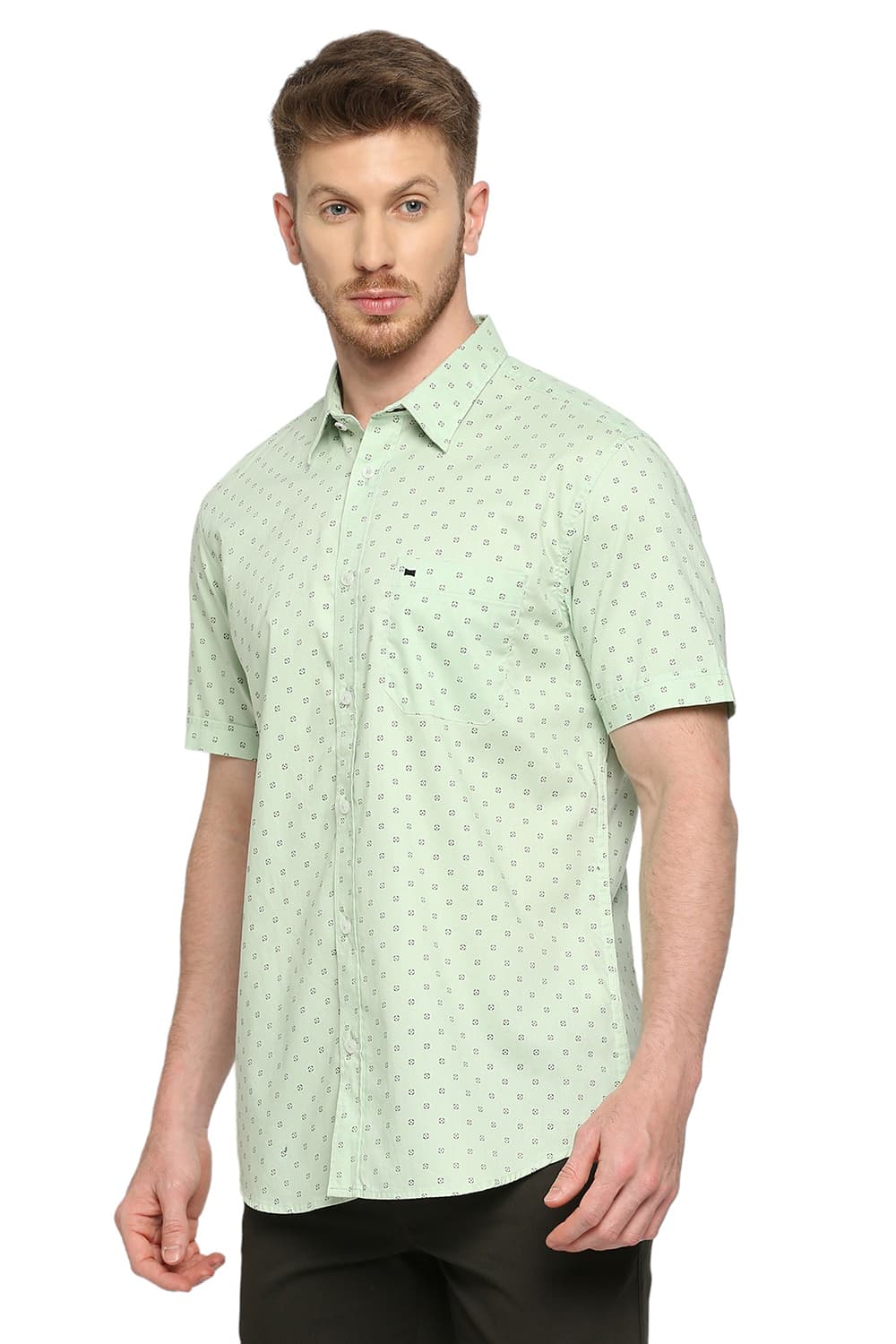 BASICS SLIM FIT COTTON OXFORD PRINTED HALFSLEEVES SHIRT