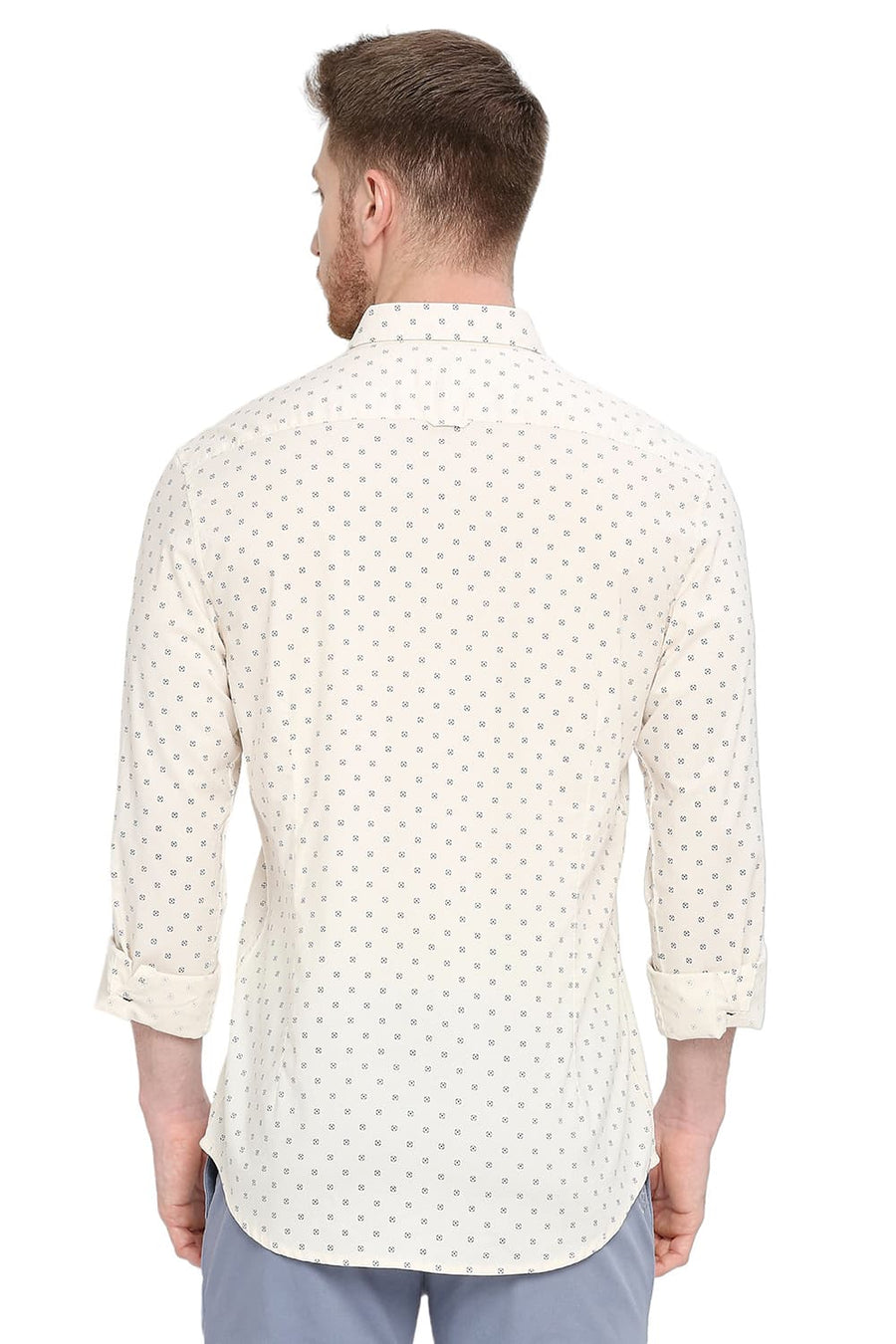 BASICS SLIM FIT BISCOTTI BEIGE COTTON OXFORD PRINTED SHIRT