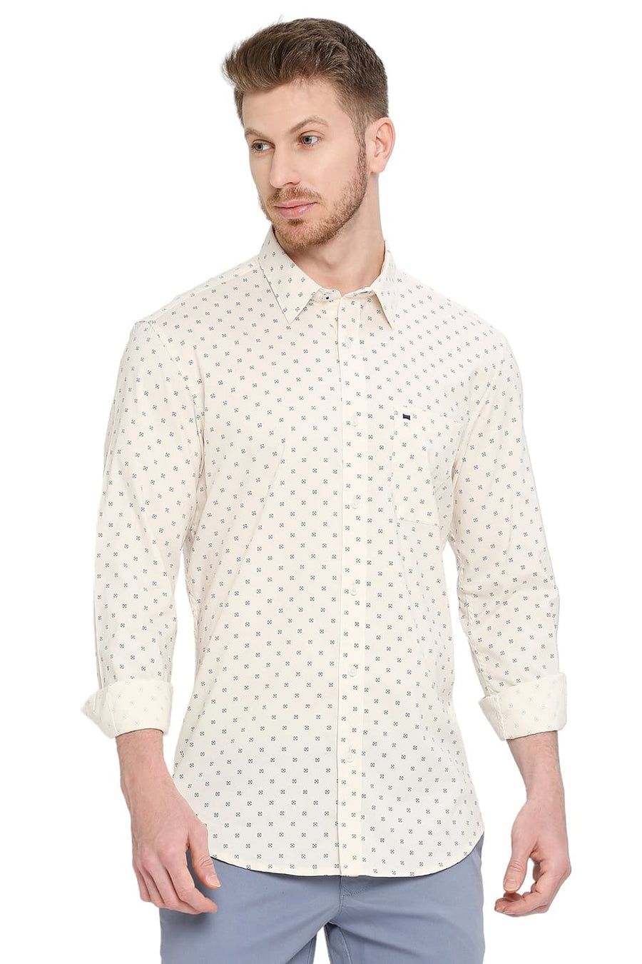 BASICS SLIM FIT BISCOTTI BEIGE COTTON OXFORD PRINTED SHIRT