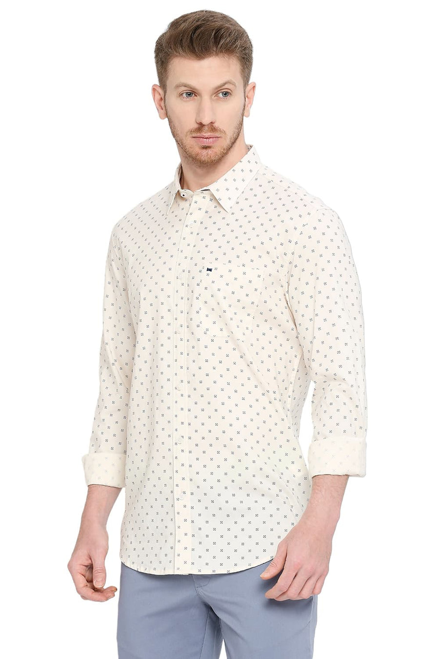 BASICS SLIM FIT BISCOTTI BEIGE COTTON OXFORD PRINTED SHIRT
