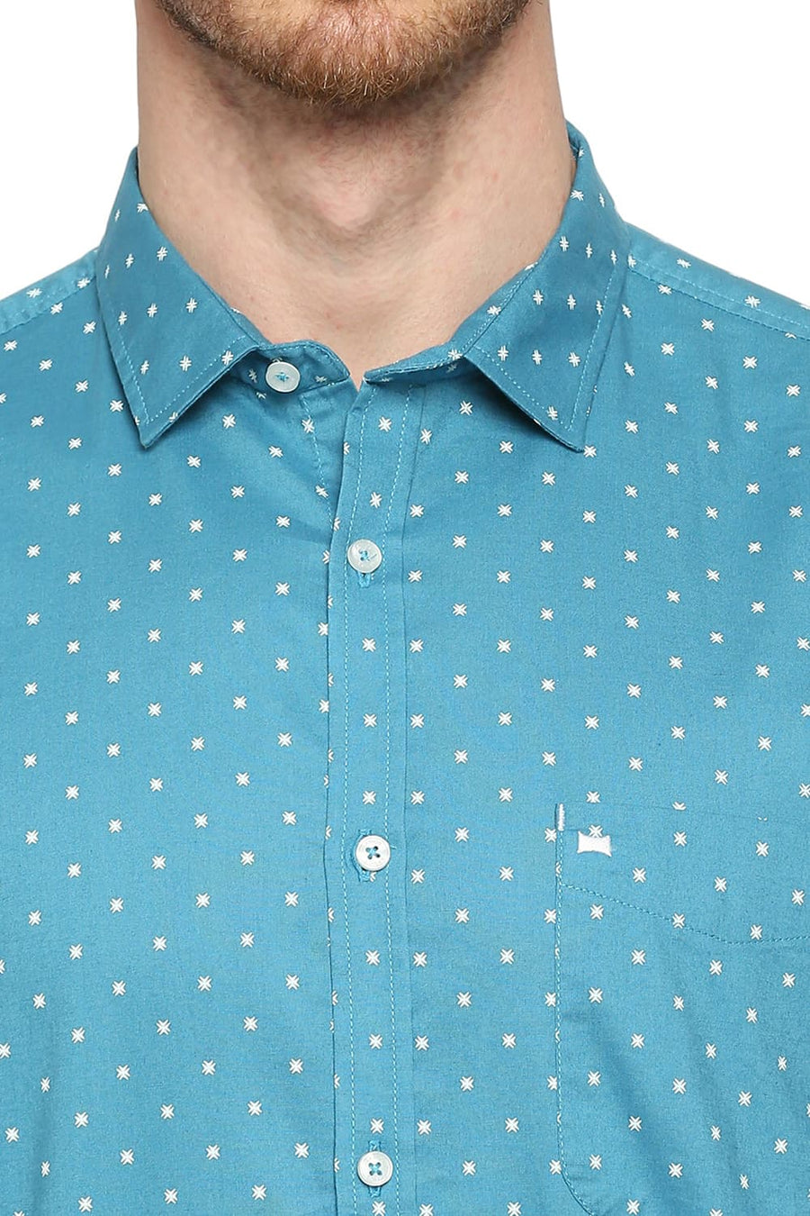 BASICS SLIM FIT HERITAGE BLUE COTTON OXFORD PRINTED SHIRT