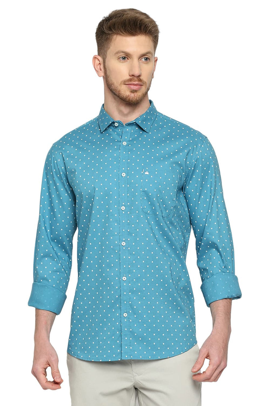 BASICS SLIM FIT HERITAGE BLUE COTTON OXFORD PRINTED SHIRT