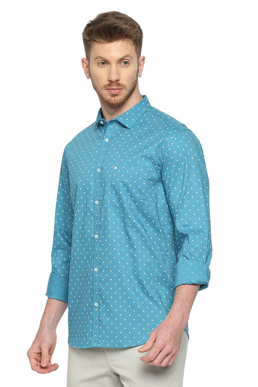 BASICS SLIM FIT HERITAGE BLUE COTTON OXFORD PRINTED SHIRT