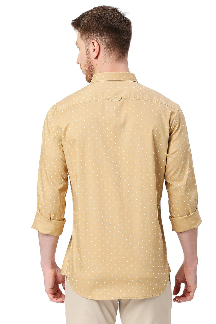 BASICS SLIM FIT BUUTERNUT KHAKI COTTON OXFORD PRINTED SHIRT