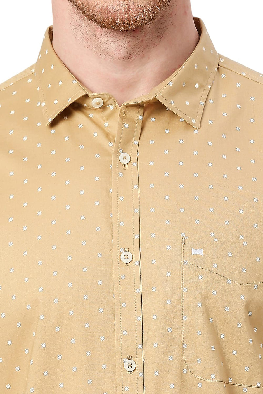 BASICS SLIM FIT BUUTERNUT KHAKI COTTON OXFORD PRINTED SHIRT