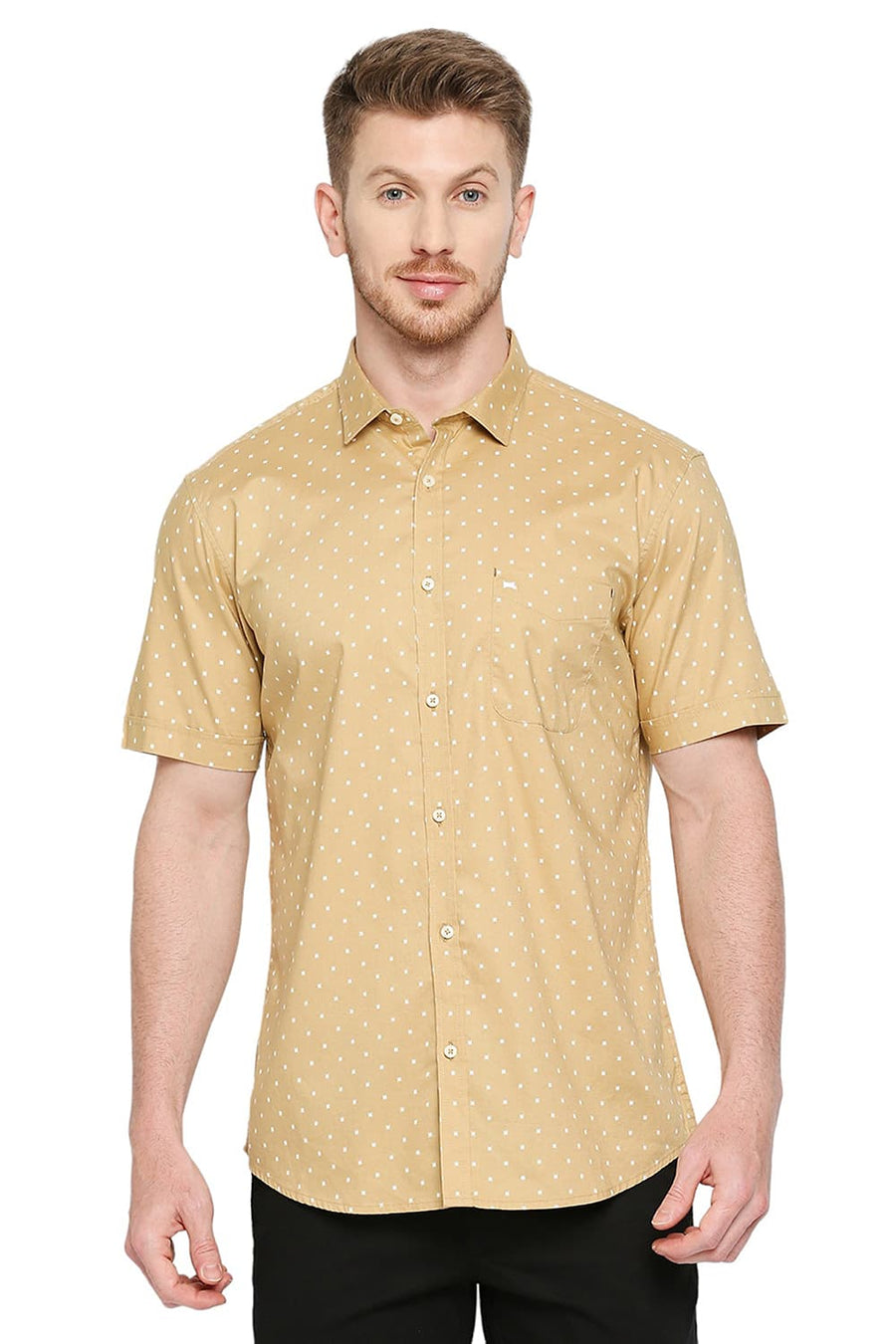 BASICS SLIM FIT BUUTERNUT KHAKI COTTON OXFORD PRINTED SHIRT