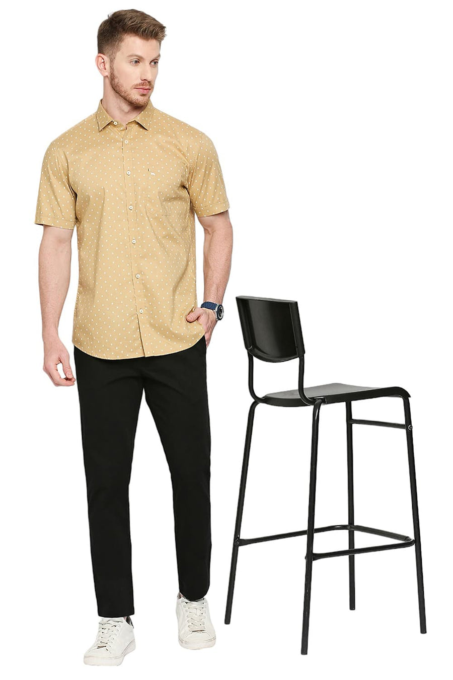 BASICS SLIM FIT BUUTERNUT KHAKI COTTON OXFORD PRINTED SHIRT