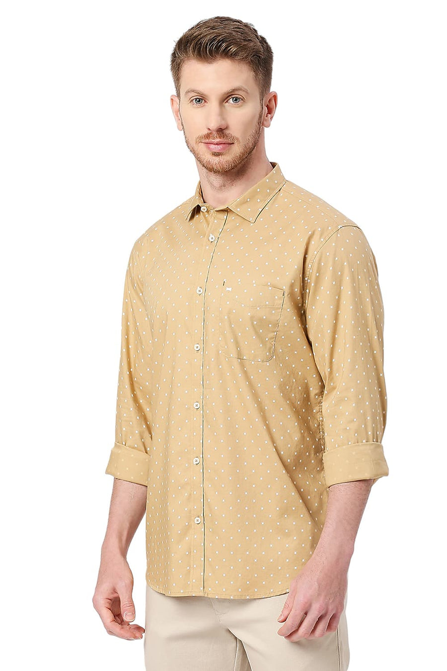 BASICS SLIM FIT BUUTERNUT KHAKI COTTON OXFORD PRINTED SHIRT