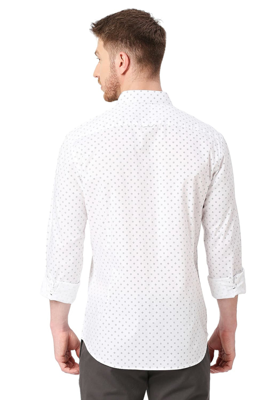 BASICS SLIM FIT BRIGHT WHITE COTTON OXFORD PRINTED SHIRT