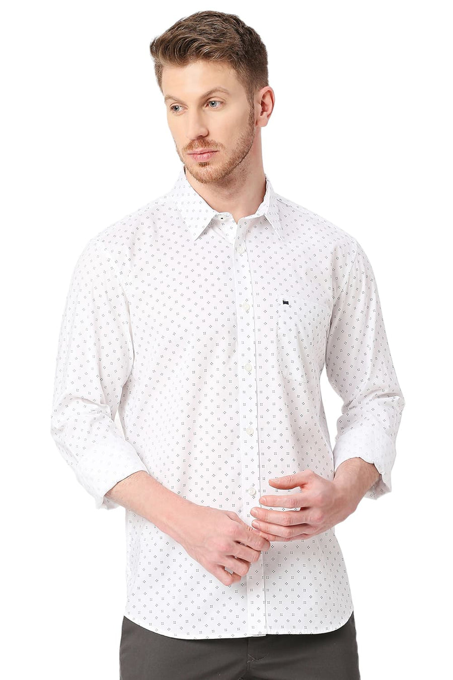 BASICS SLIM FIT BRIGHT WHITE COTTON OXFORD PRINTED SHIRT